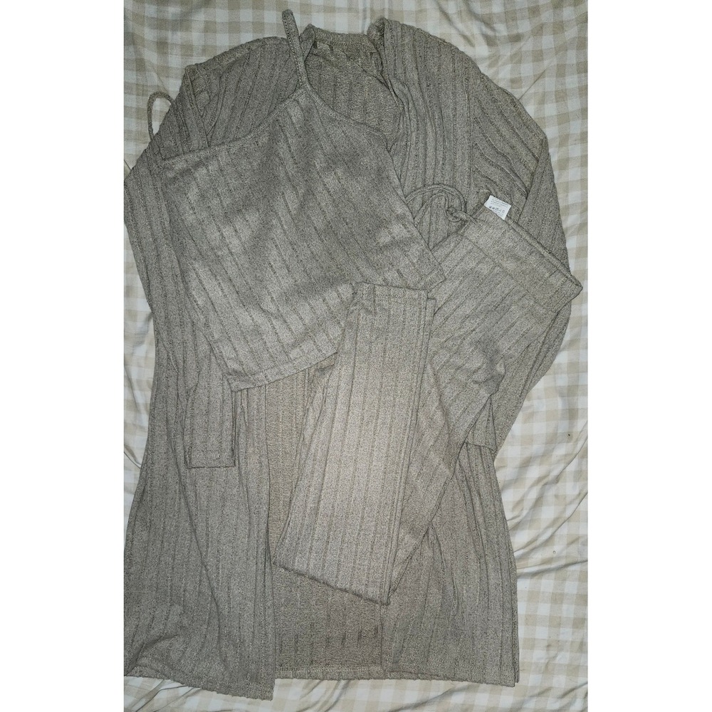 SHEIN Women Taupe Ribbed Knit 3 Piece‎ Lounge Set Cardigan Tank Leggings Small 4